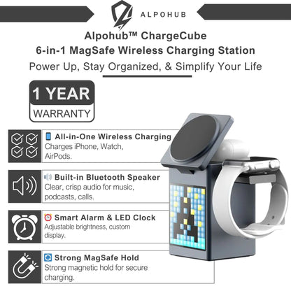 Alpohub™ 6-in-1 Magnetic Wireless Charger with Bluetooth Speaker & Alarm Clock