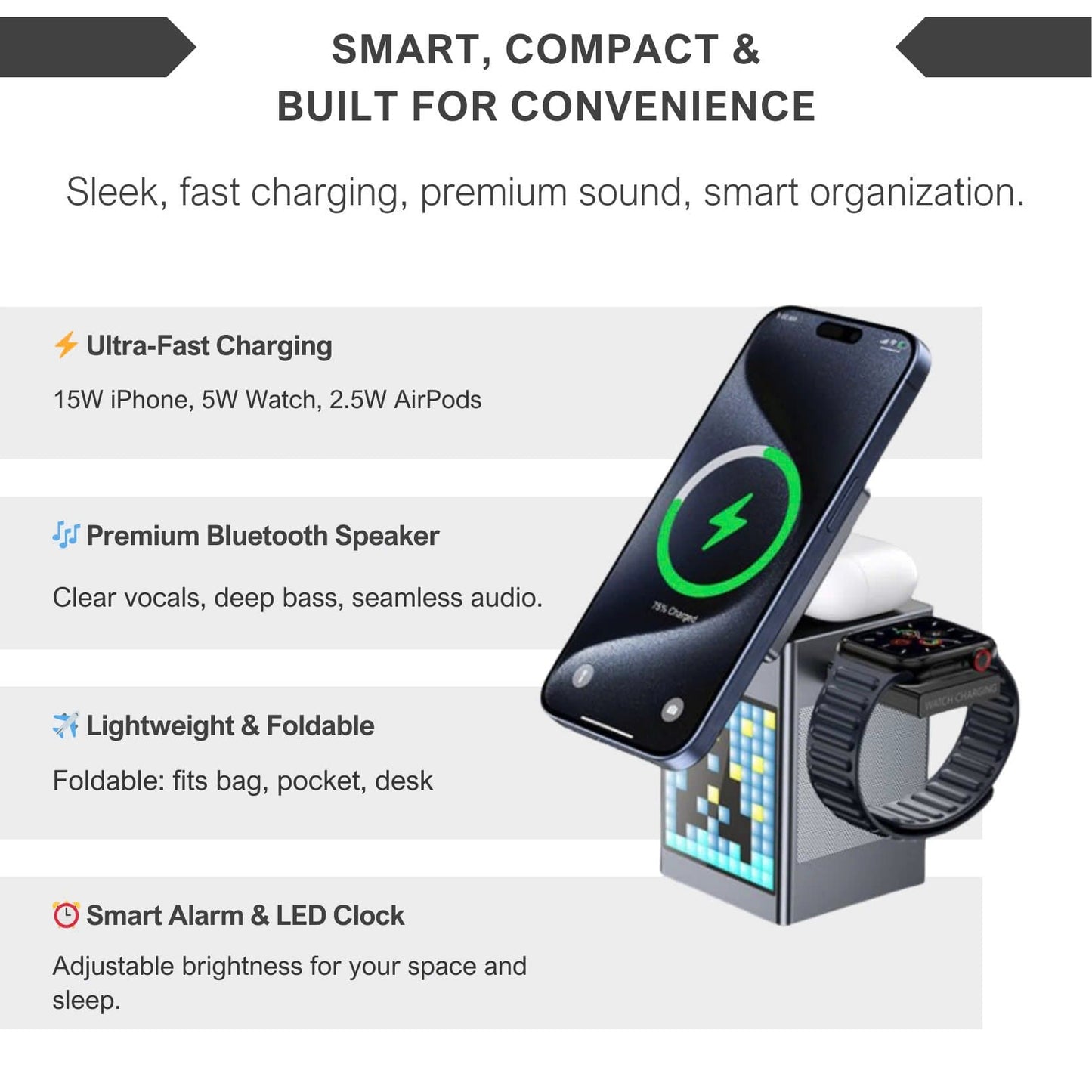 Alpohub™ 6-in-1 Magnetic Wireless Charger with Bluetooth Speaker & Alarm Clock