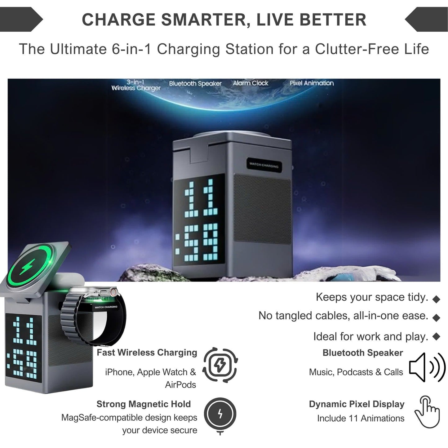 Alpohub™ 6-in-1 Magnetic Wireless Charger with Bluetooth Speaker & Alarm Clock