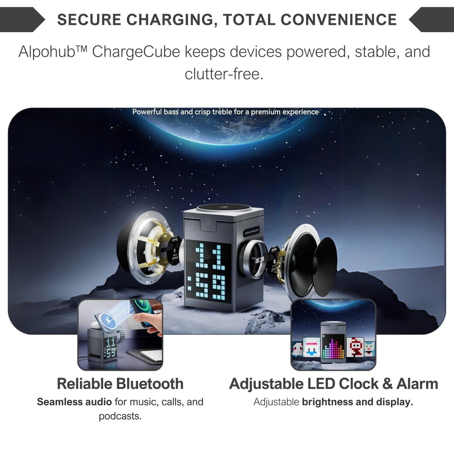 Alpohub™ 6-in-1 Magnetic Wireless Charger with Bluetooth Speaker & Alarm Clock