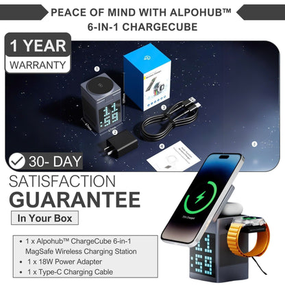 Alpohub™ 6-in-1 Magnetic Wireless Charger with Bluetooth Speaker & Alarm Clock